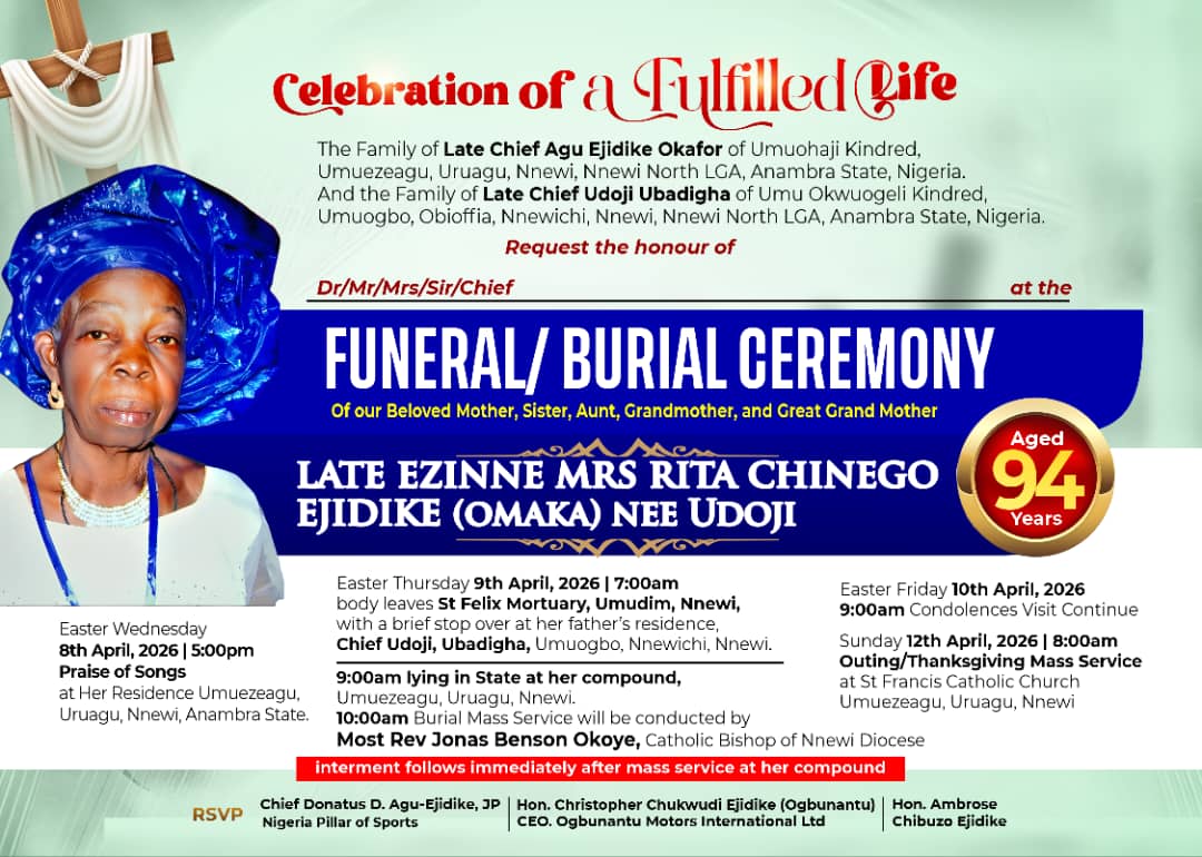 Cover image for Mother of Nigeria Pillar of Sports, late Mrs Rita Chinego Ejidike to be buried April 9